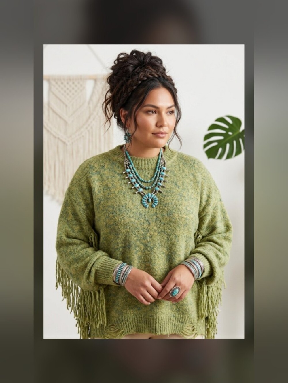 Boho Fringed Sweater Oversized Pullover Chunky Festival Sage Green Knit XL New
